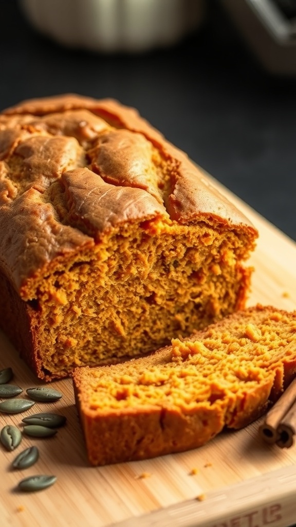 A golden brown loaf of pumpkin bread with a slice cut out, surrounded by pumpkin seeds and cinnamon sticks.